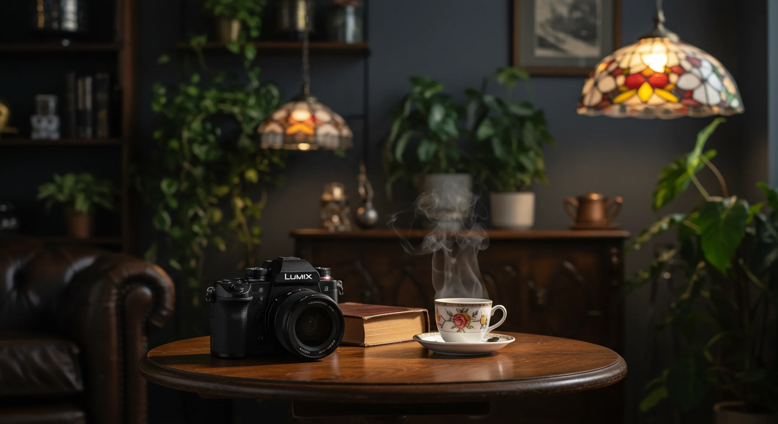 暗いトーンの書斎風リビングで、丸い木製テーブルの上に黒いLUMIXミラーレスカメラ、古い本、花柄のティーカップが並び、湯気が立ち上る静物写真。ステンドグラスランプと観葉植物が背景にある。