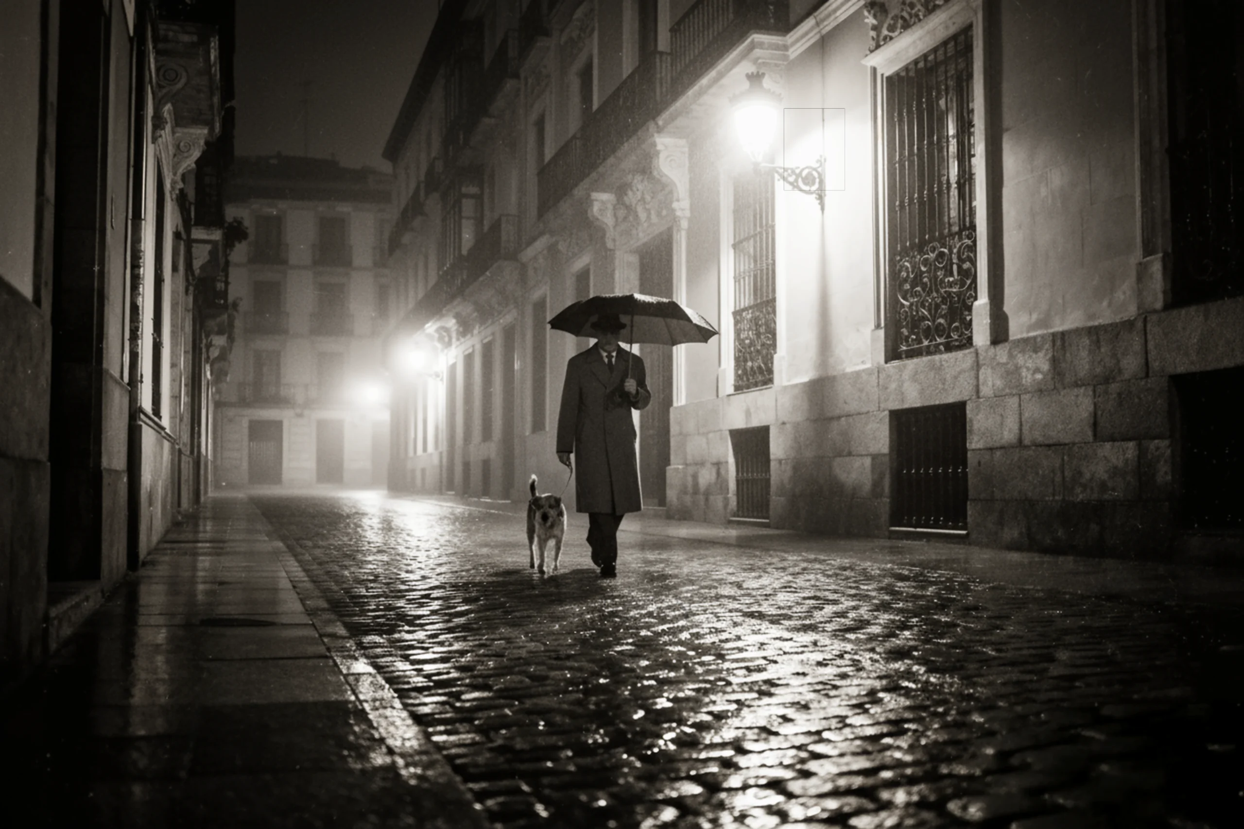 A solitary figure holding an umbrella at an angle walks with a dog along a dimly lit, wet cobblestone street in the foggy night of Chueca, Madrid's old town, Spain.