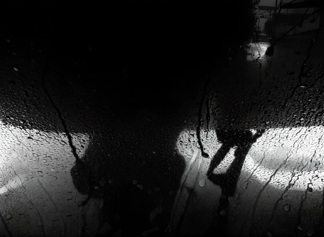 雨に濡れた車窓から見える夜の街と影。箱男のように、ガラスという薄い境界の内側から外界を一方的に覗く、孤立した視線。