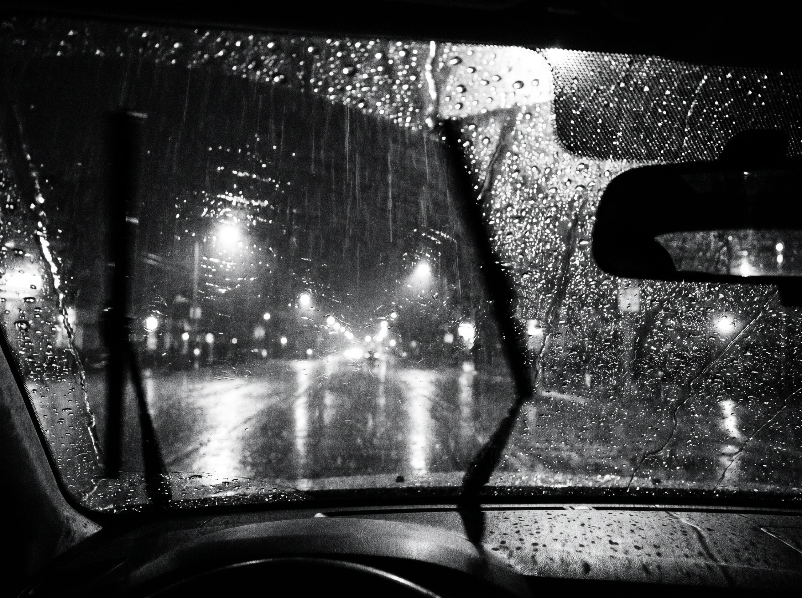 豪雨の夜、車のフロントガラス越しに映るモノクロームの都会。強いコントラストと水滴の質感が印象的なAI生成画像。