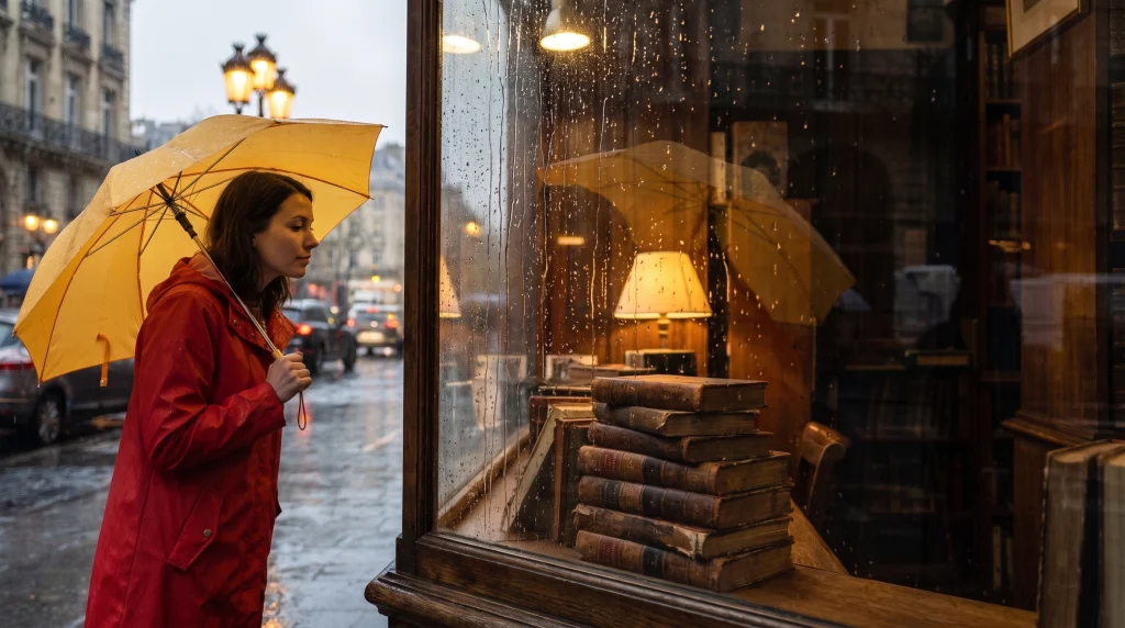 雨の日に黄傘を差した赤いコートの女性が、古書店の窓辺を覗き込んでいる。窓際に積まれた古書と店内の暖かな灯りが印象的な情景。