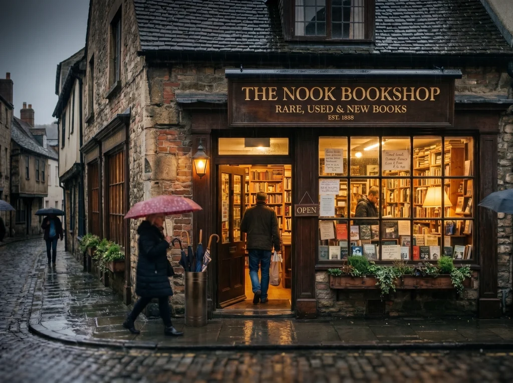 雨の石畳の路地に佇む古い石造りの本屋「The Nook Bookshop」。暖かい店内の灯りが雨の午後を照らし、傘を差した人が店に入ろうとしている。