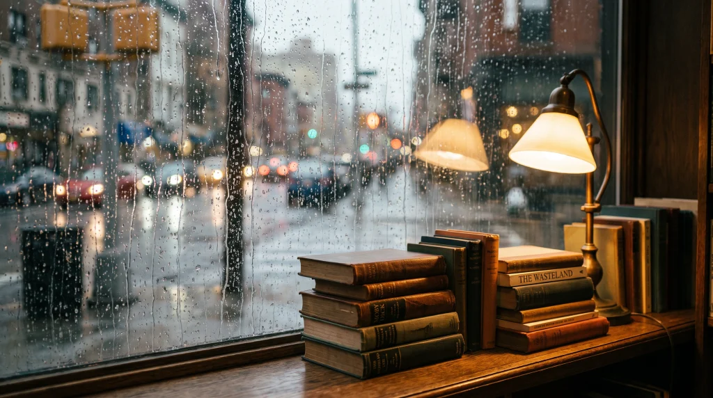 雨の日の本屋の窓辺。窓際に積まれた本の山と暖かなランプの灯り。雨粒の流れる窓ガラス越しに街の灯りがぼんやりと見える。