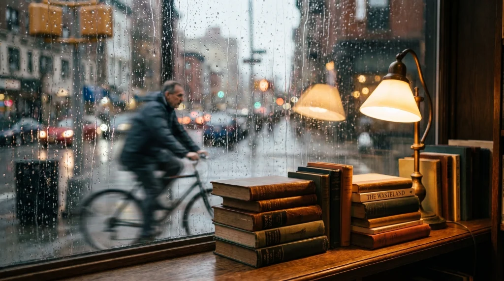 雨の日の本屋の窓辺。窓際に積まれた本と暖かなランプの灯り。雨粒の流れる窓ガラス越しに、自転車で走る人物がぼんやりと見える。