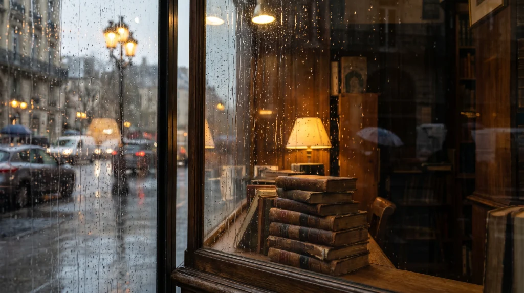 雨に濡れた窓から覗く古書店の店内。窓辺に高く積まれた古い本と暖かなランプの灯り。雨の街並みと街灯が反射する幻想的な情景。
