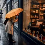 雨の街中で黄色の傘を差した人物が、暖かな光が漏れる書店の窓を覗き込んでいる。濡れた石畳と店内の本棚が印象的な情景。