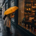雨の街中で黄色の傘を差した人物が、暖かな光が漏れる書店の窓を覗き込んでいる。濡れた石畳と店内の本棚が印象的な情景。
