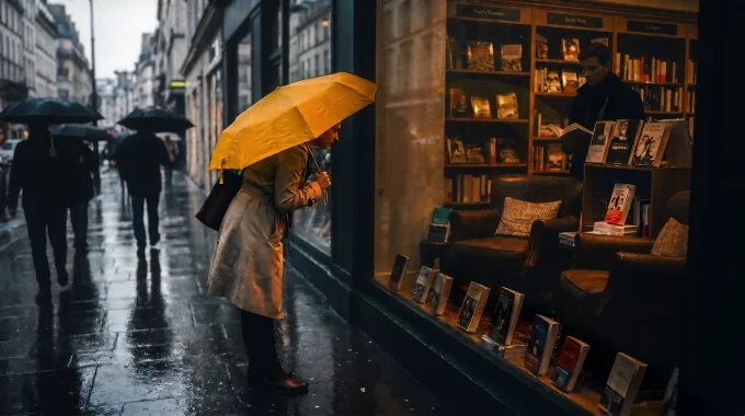 雨の街中で黄色の傘を差した人物が、暖かな光が漏れる書店の窓を覗き込んでいる。濡れた石畳と店内の本棚が印象的な情景。