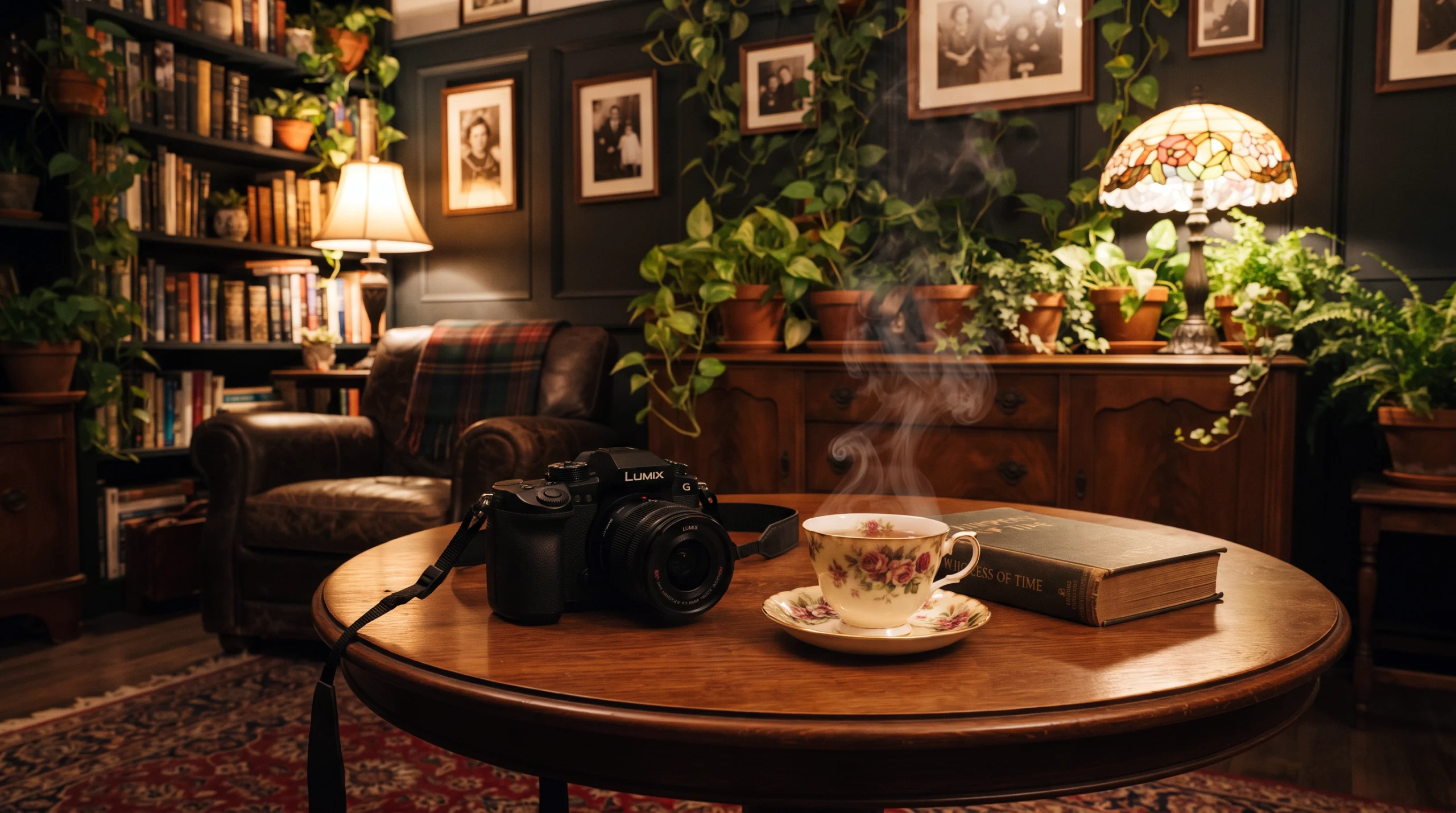 濃い緑色の壁と本棚に囲まれた書斎で、丸い木製テーブルにLUMIXカメラ、花柄ティーカップ、本が置かれ、湯気が立ち上る。多数の観葉植物とティファニーランプが配置された温かい室内。