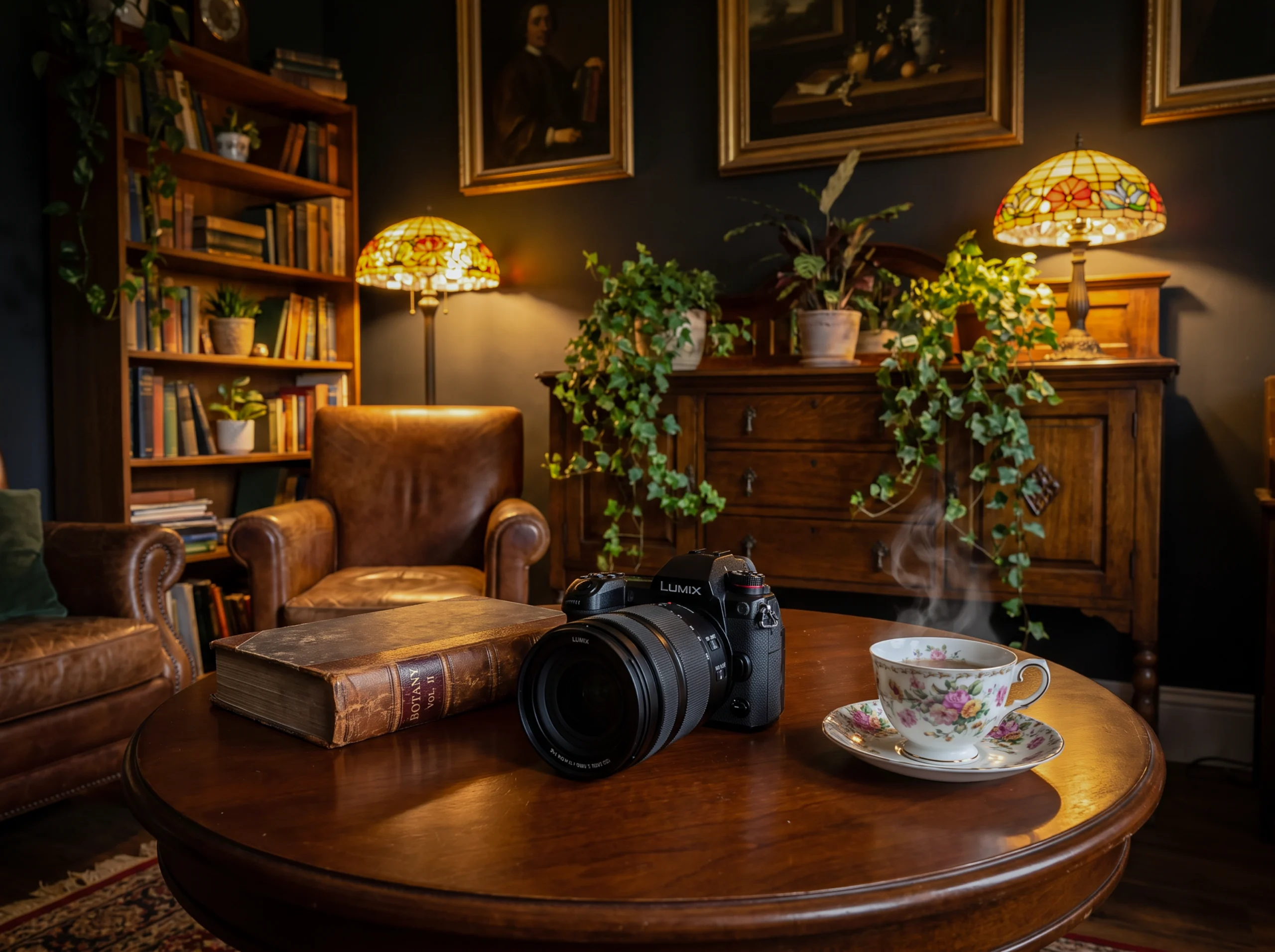 ダークグリーンの壁に囲まれたヴィンテージ書斎。丸い木製テーブルにLUMIXカメラ、古い植物学の本、花柄ティーカップが並び、湯気が立ち上る。ティファニーランプと垂れ下がる植物が暖かな光を放つ。