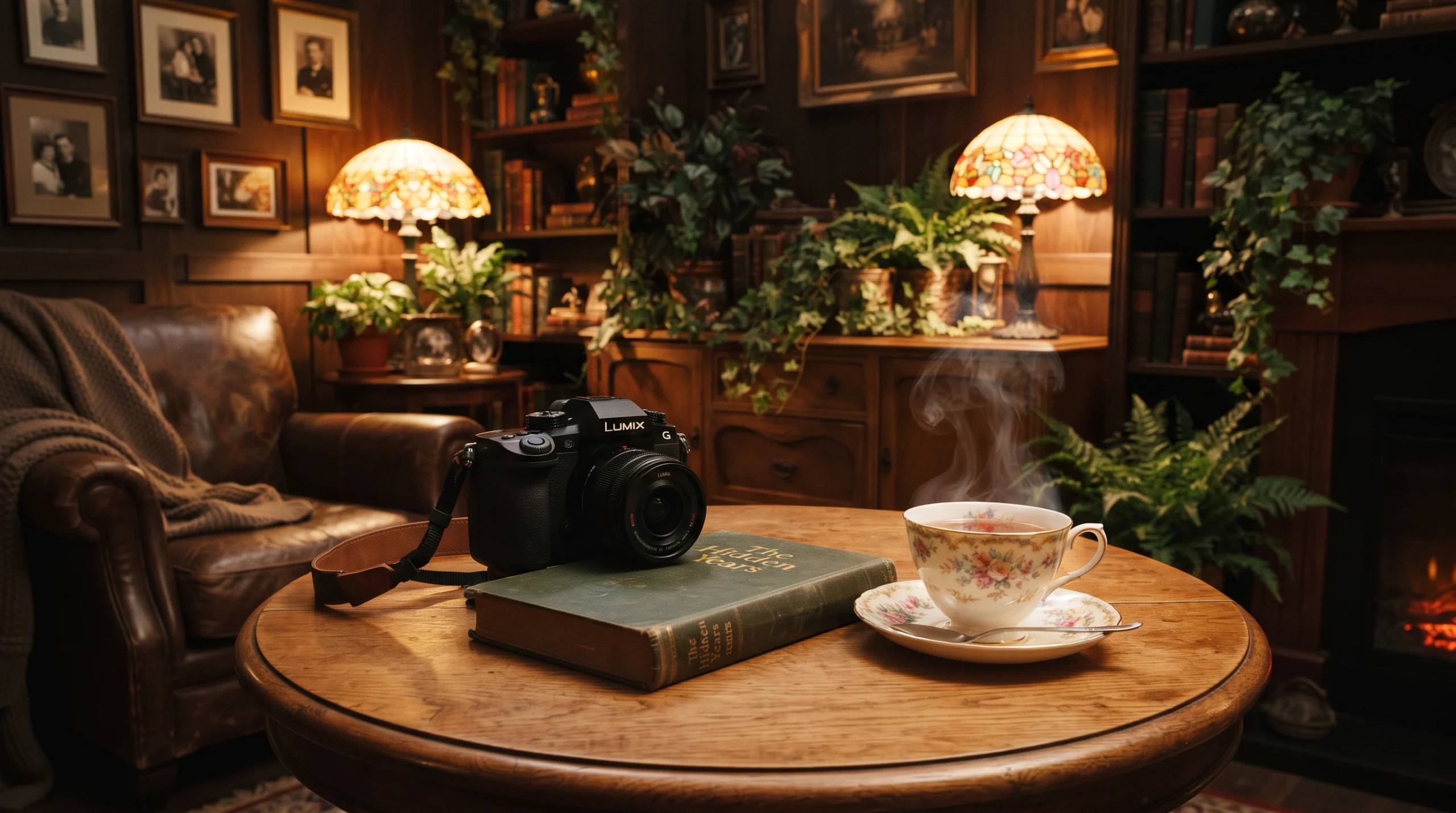 木製の壁と暖炉のある濃密な書斎で、丸いテーブルにLUMIXカメラが本の上に置かれ、花柄ティーカップから湯気が立ち上る。ティファニーランプと緑の植物が暖かい光を放つ。