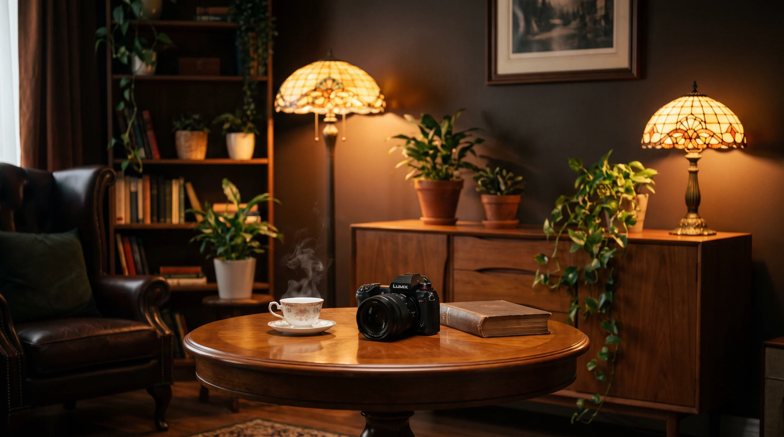 暖色のランプ光に照らされた書斎風リビング。丸い木製テーブルにLUMIXカメラ、花柄ティーカップ、古い本が静かに置かれ、湯気が立ち上る。観葉植物と本棚が背景に広がる。