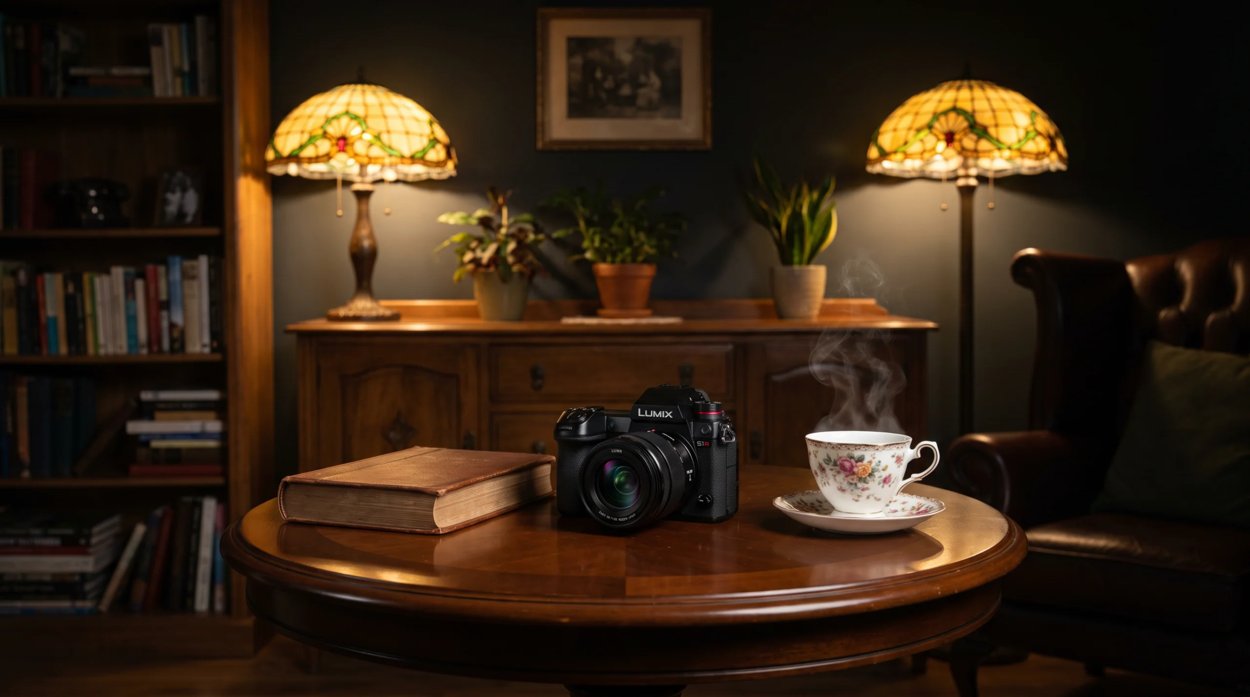 ダークトーンの落ち着いたリビングで、丸い木製テーブル中央にLUMIX S1Rカメラと花柄ティーカップ、古い本が並び、湯気が優雅に立ち上る。2つのティファニーランプが暖かな光を放つ。