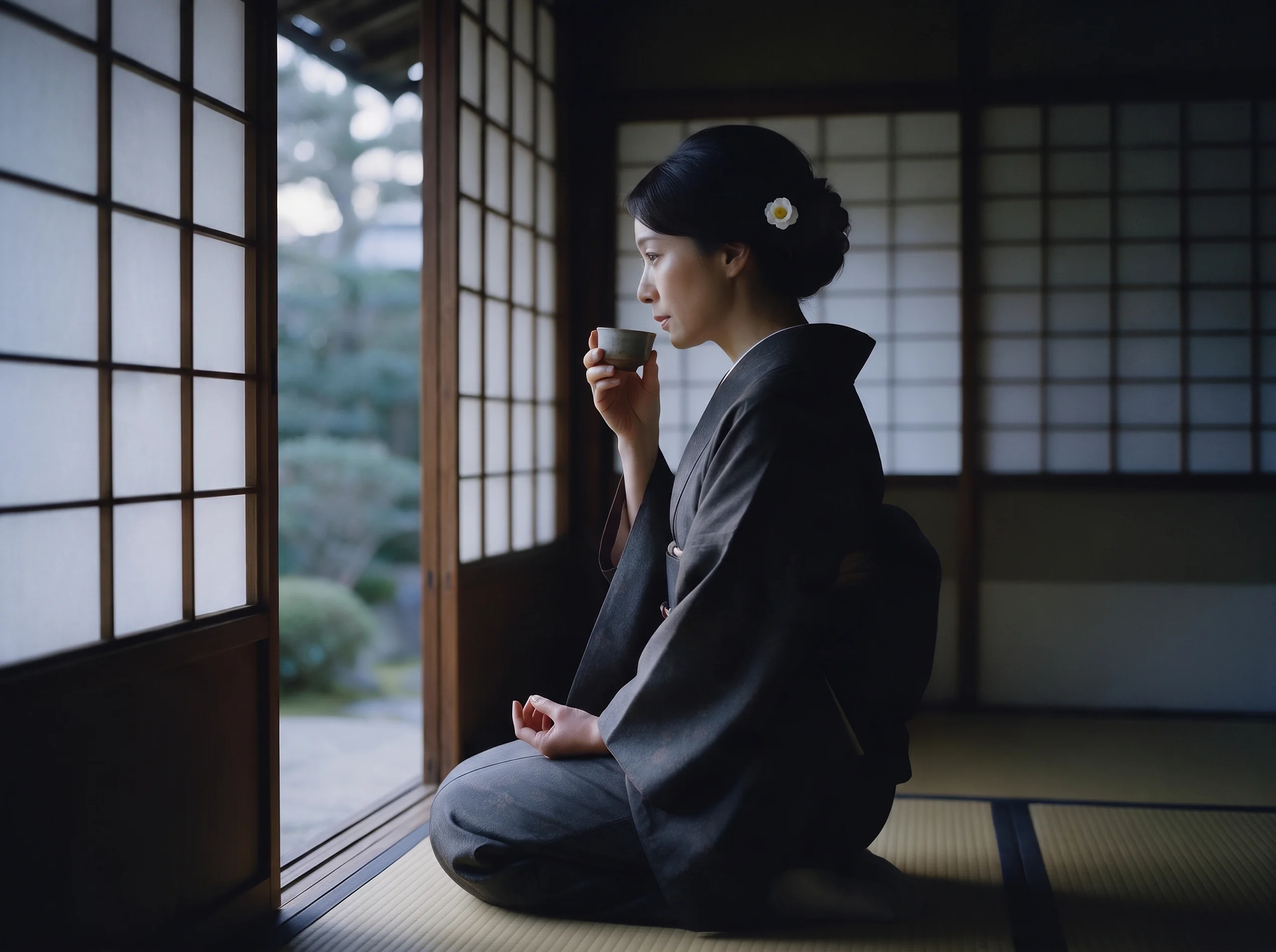 伝統的な濃い色の着物を着た女性が和室で静かに座り、庭を眺めながらお茶を味わっています。