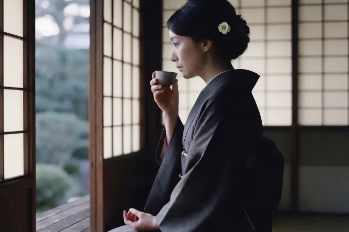 黒髪に飾られた一輪咲きの白い山茶花（サザンカ）の髪飾り
